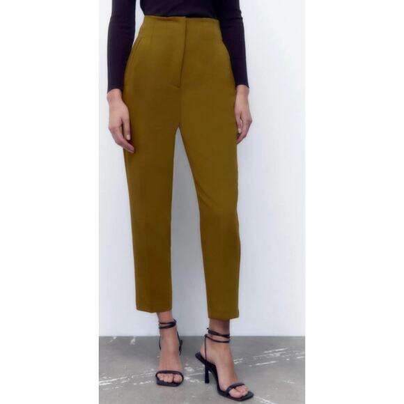 Zara Olive Green Straight Leg Ankle Dress Pants Slacks Workwear Women's Large - Picture 1 of 12